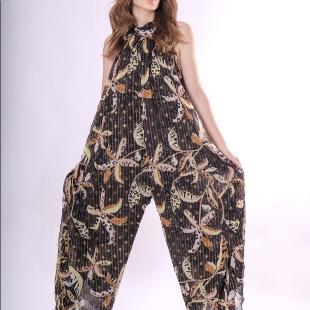 Traffic People Black Floral Metallic  Jumpsuit